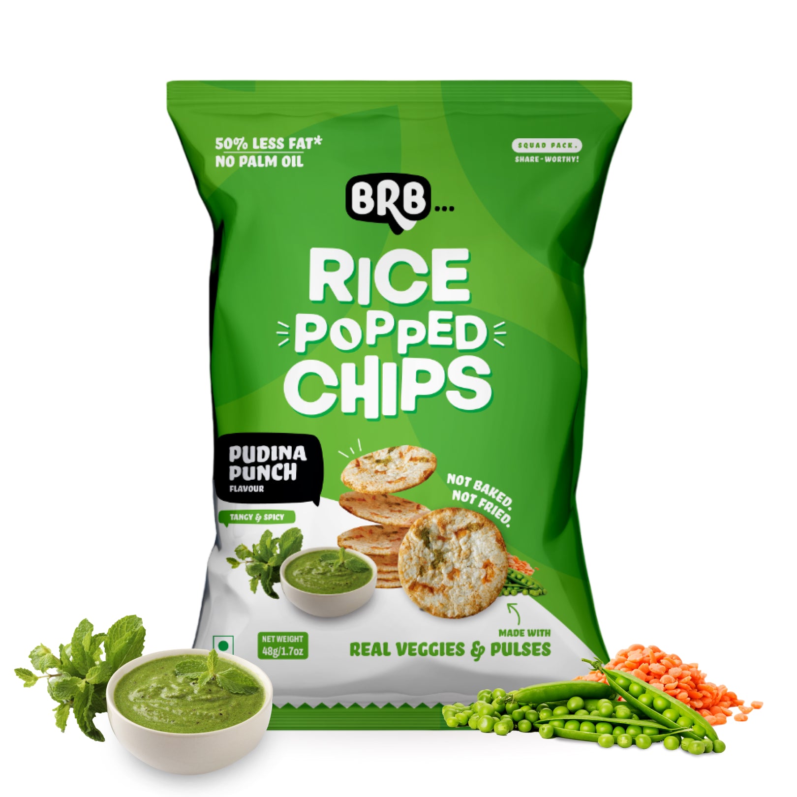 BRB Rice Popped Chips | Not Baked, Not Fried | Pudina Punch Flavour |  Real Good with Real Veggies | Not Baked, Not Fried |  High Protein | Source of Fiber | Gluten-Free