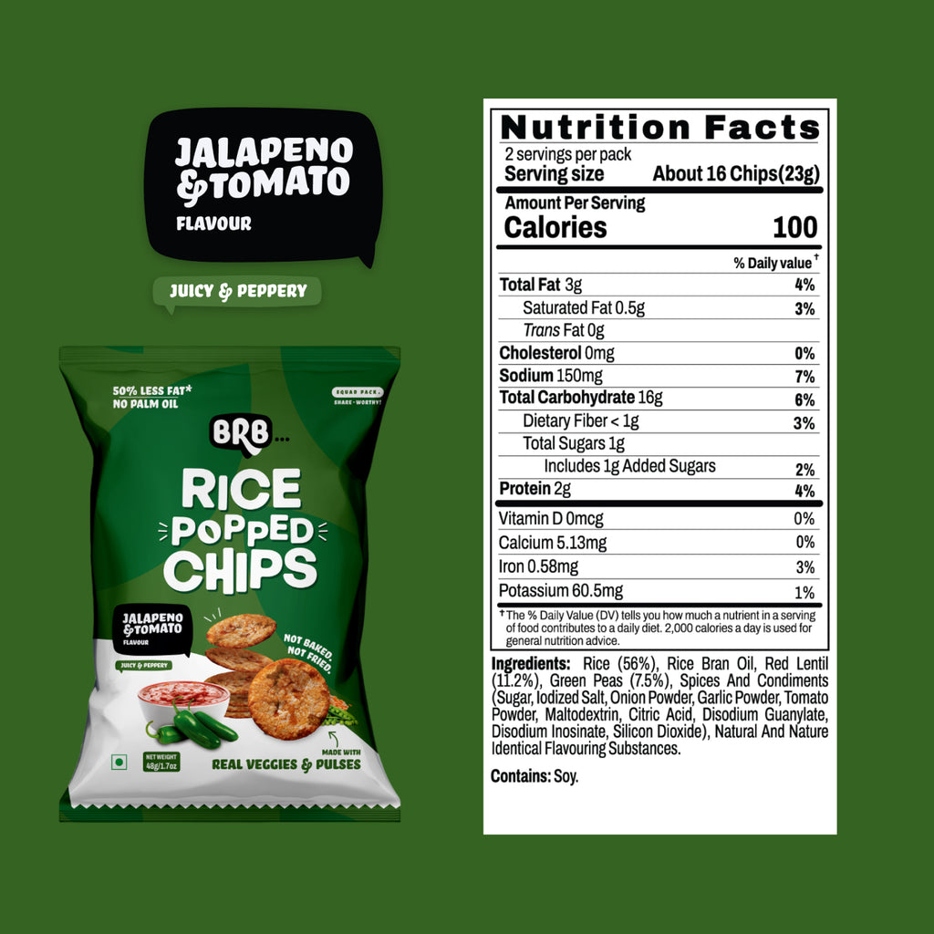 BRB Rice Popped Chips | Jalapeño & Tomato Flavour | Not Fried. Not Baked | High Protein | No Palm Oil, Healthy Snack