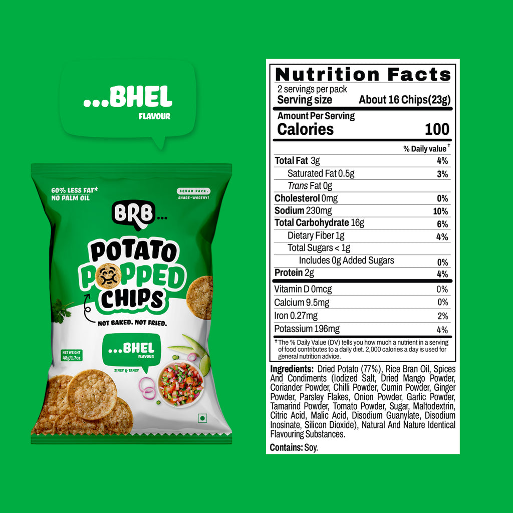 BRB Popped Potato Chips | Bhel Flavour | Not Fried, Not Baked | Lower Calorie, No Palm Oil, Healthy Snack