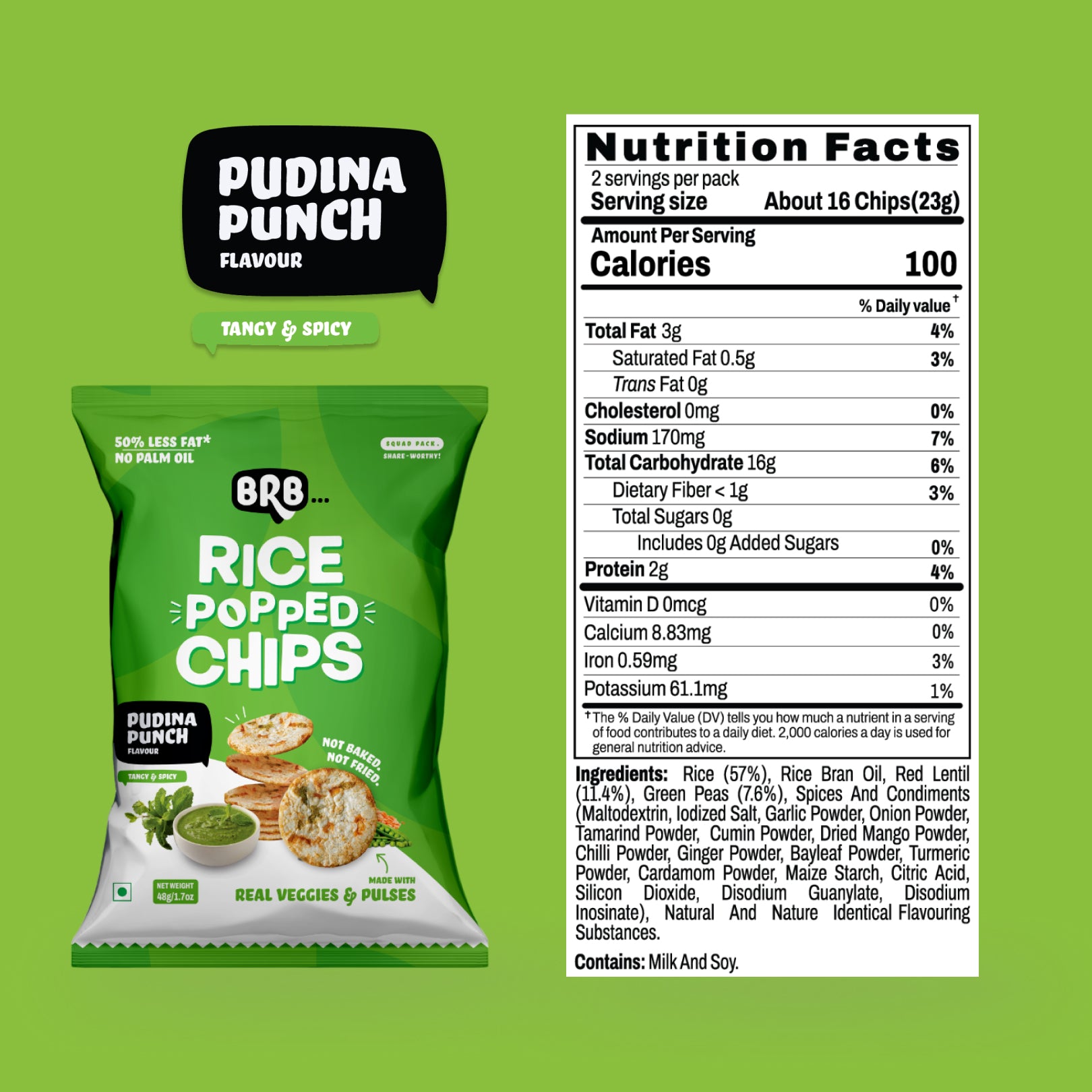 BRB Rice Popped Chips | Not Baked, Not Fried | Pudina Punch Flavour |  Real Good with Real Veggies | Not Baked, Not Fried |  High Protein | Source of Fiber | Gluten-Free
