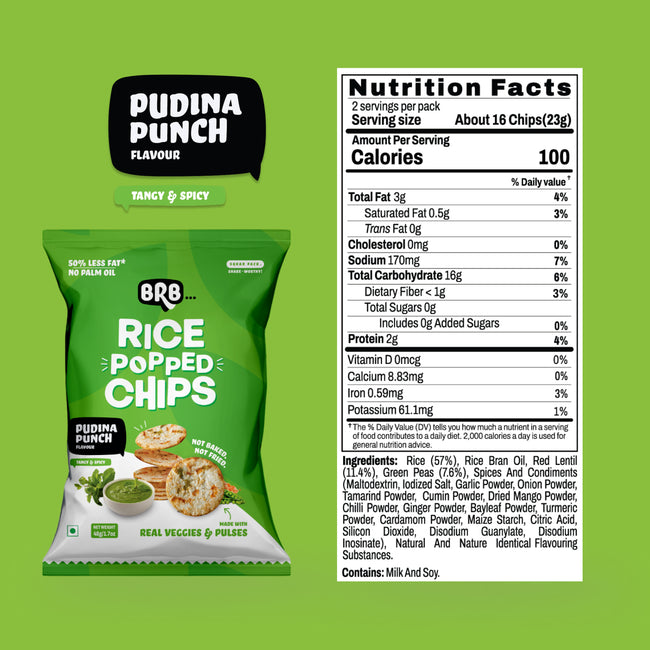BRB Rice Popped Chips | Not Baked, Not Fried | Pudina Punch Flavour |  Real Good with Real Veggies | Not Baked, Not Fried |  High Protein | Source of Fiber | Gluten-Free Main Image