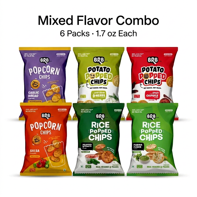 BRB Mixed Flavor Combo with six bags: Garlic Bread, Sour Cream & Herbs, Spicy Chipotle, Salsa, Jalapeño & Tomato, and Pudina Punch. Hover Image